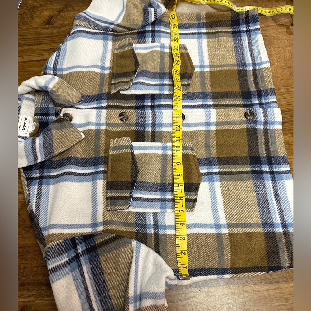 For the Republic Cropped Brown, Blue, White Plaid Flannel Shacket Women’s Sz XL - Picture 4 of 8